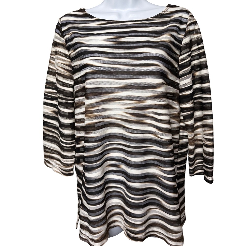CHICO'S Womens Brown Striped Mesh Tunic Top Sz 2/L Lightweight Layering Artistic